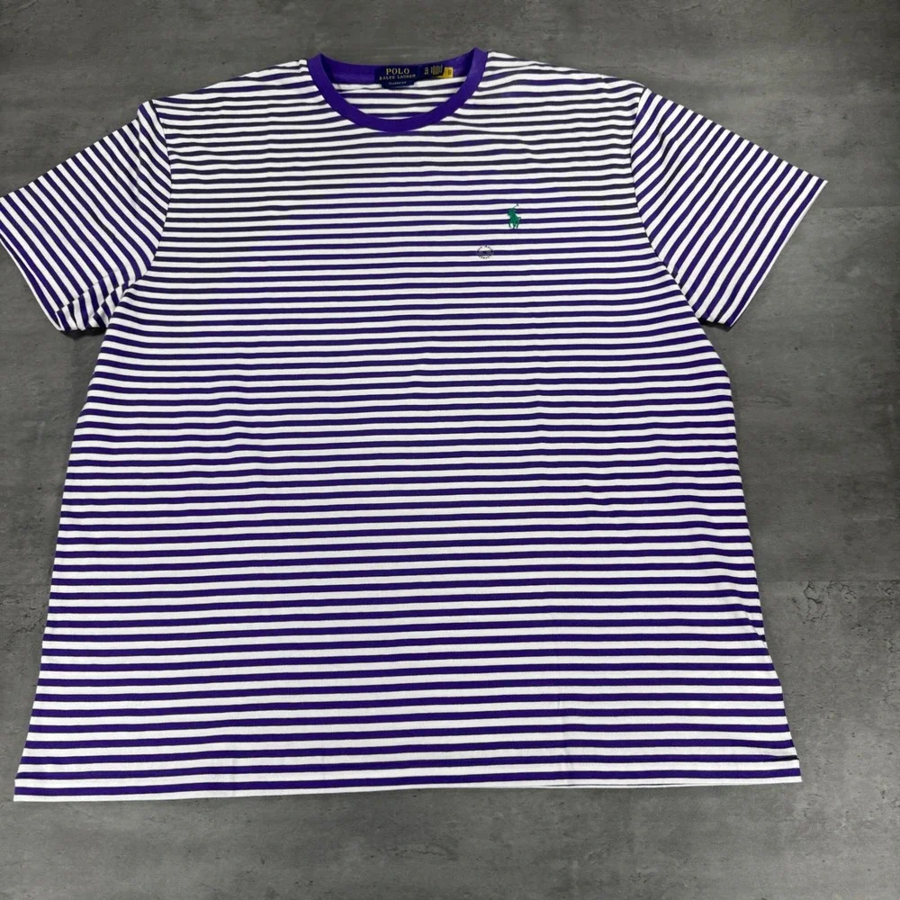 Polo Ralph Lauren T-Shirt Mens XL Classic Fit Purple Green Striped Pony Logo EUC